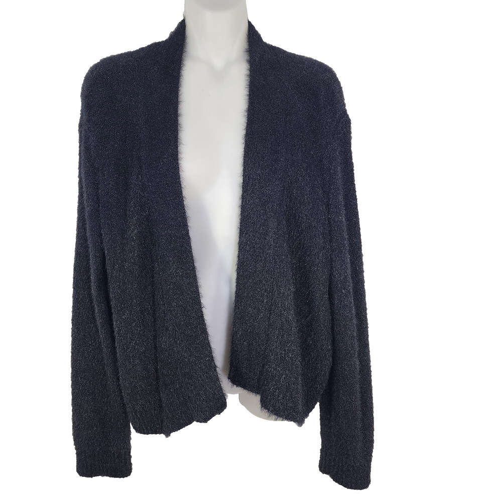 Calvin Klein Cardigan Sweater Women XL Black Fuzzy Open Front Long Sleeve Career